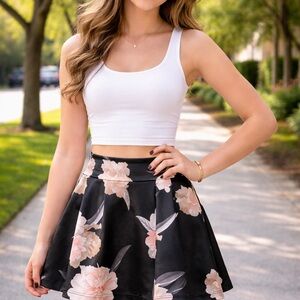 Potter's Pot Black Skater Floral Mini Skirt with Blush Flowers